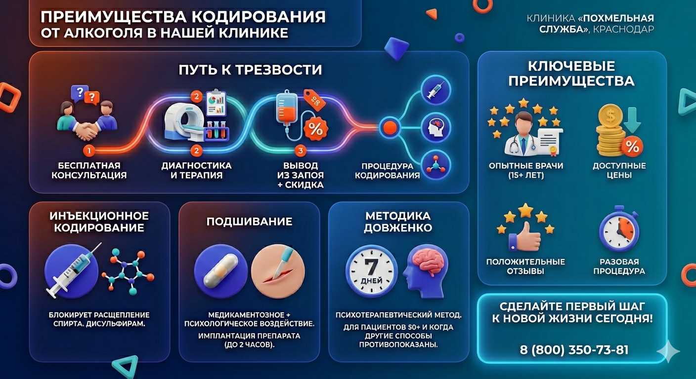 Инфографика о методах кодирования от алкоголя в Валдае: инъекции, подшивание, метод Довженко. Преимущества клиники и этапы лечения.